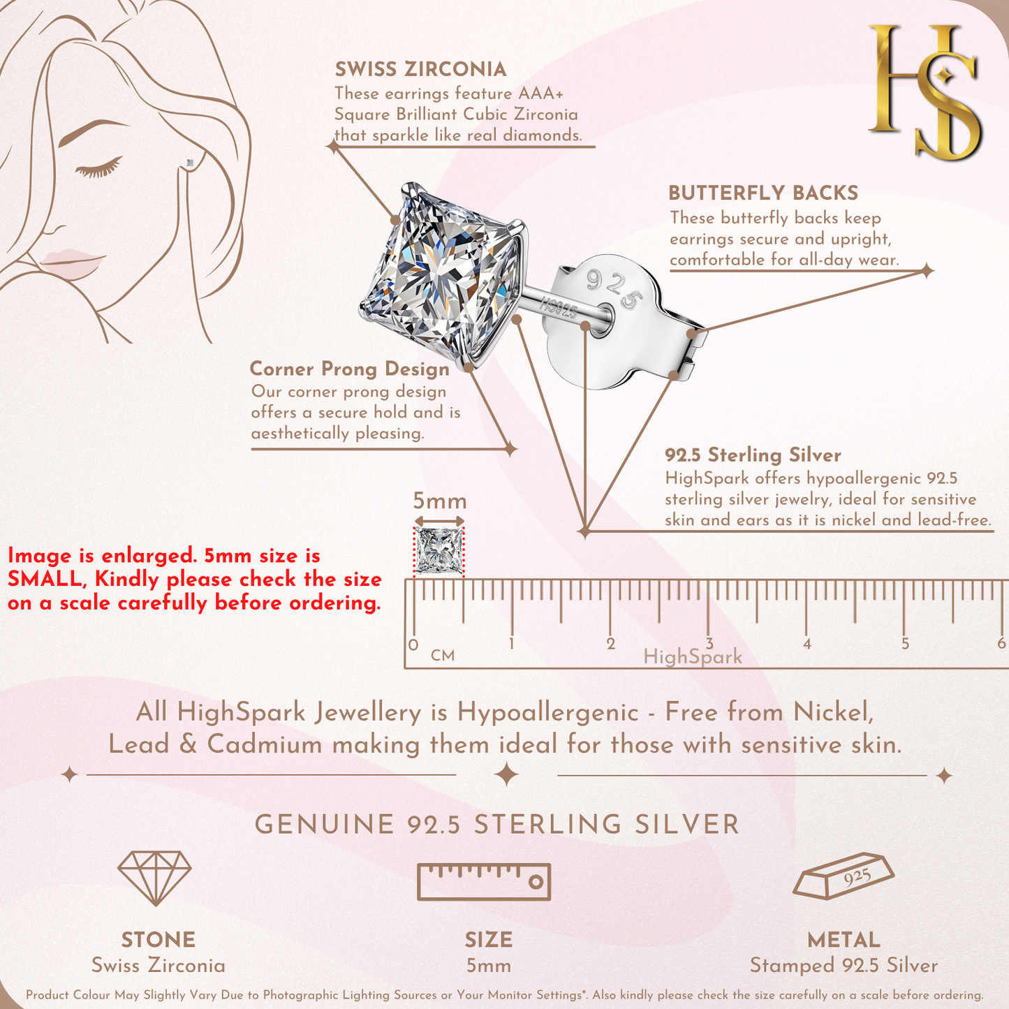 Solitaire Square Stud Earrings in 92.5 Silver - Princess Cut - Brilliant Swiss Zirconia