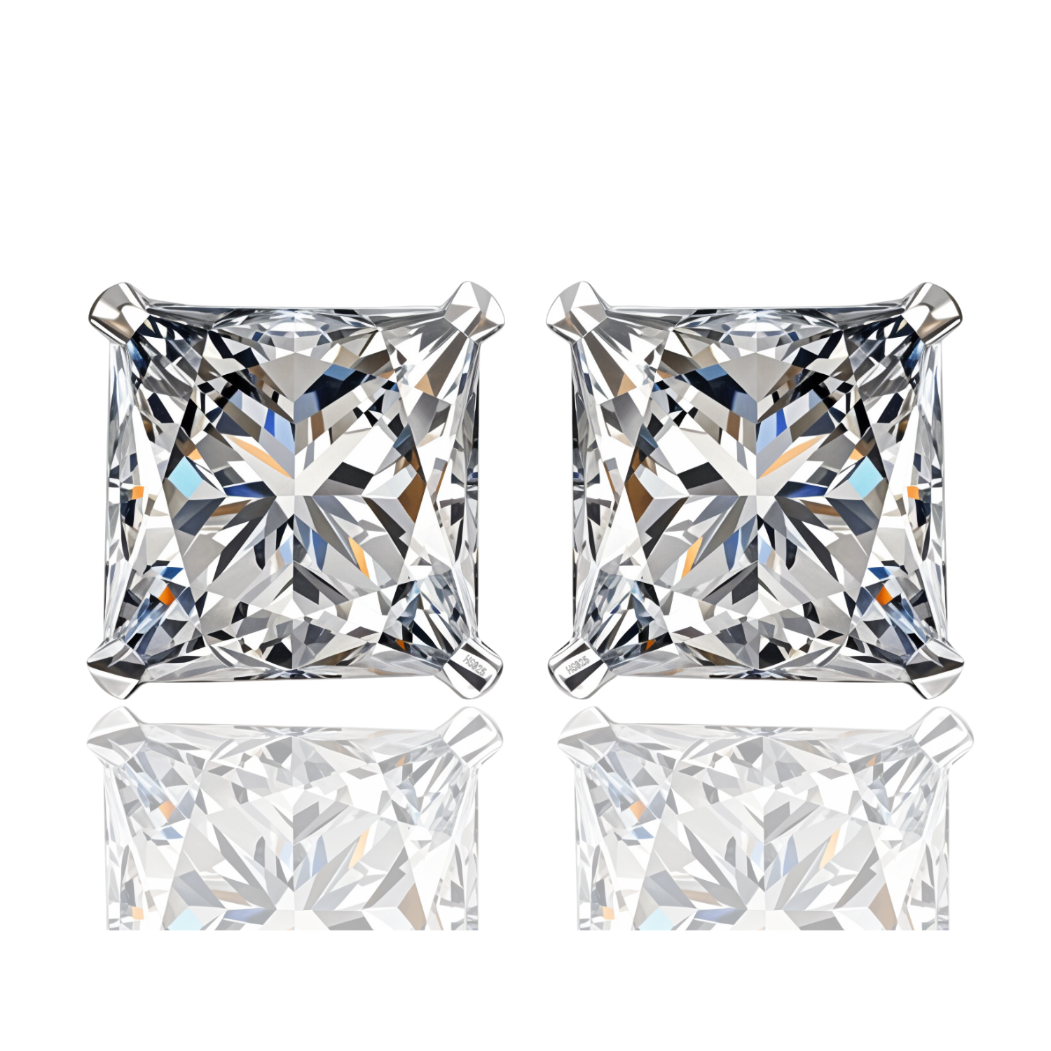 A pair of stud earrings with princess-cut American diamonds in a four-prong sterling silver setting, shown on a white reflective surface.