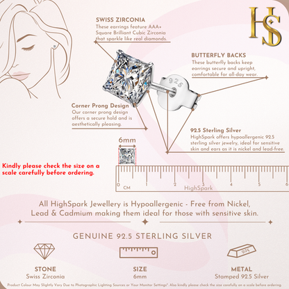 Solitaire Square Stud Earrings in 92.5 Silver - Princess Cut - Brilliant Swiss Zirconia
