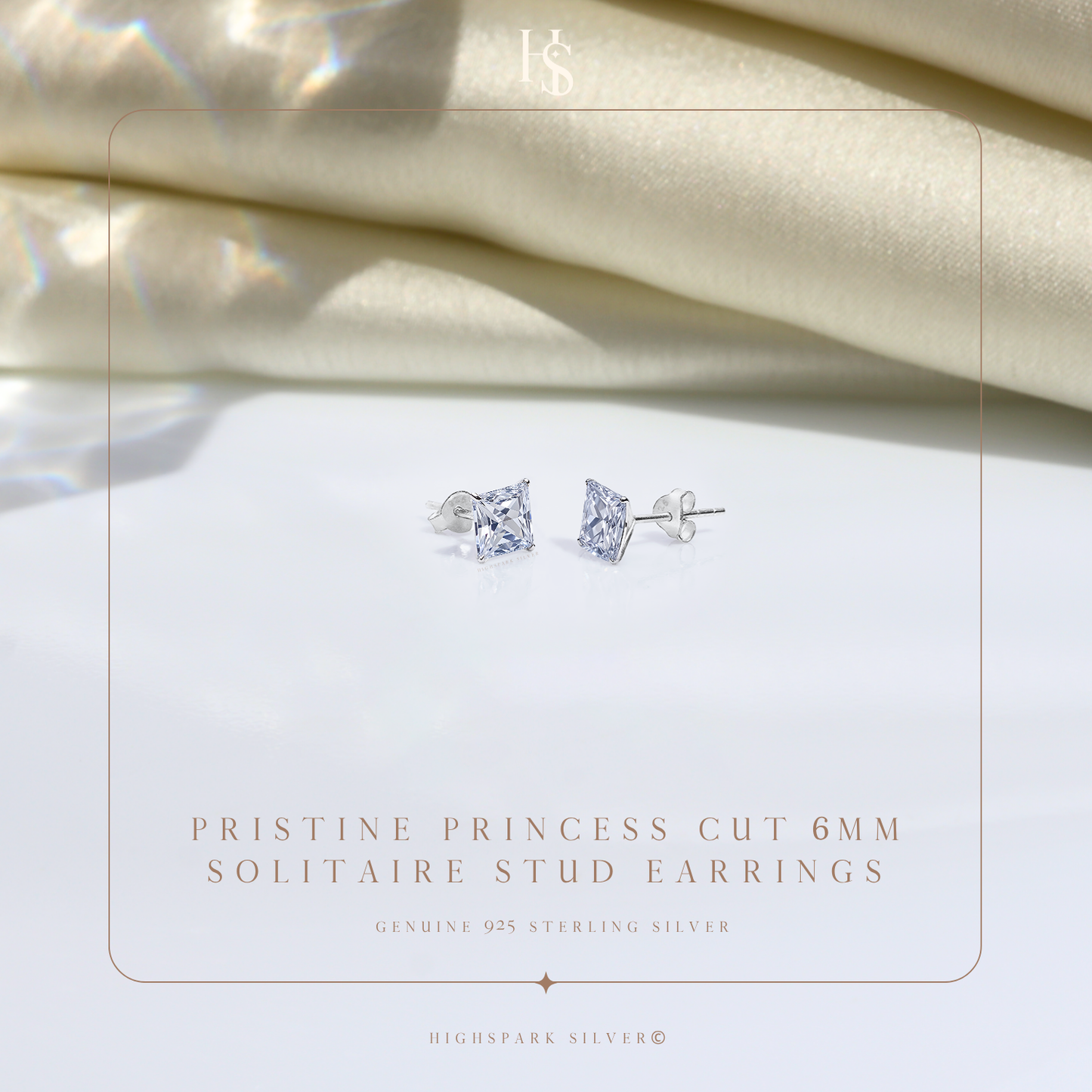 Solitaire Square Stud Earrings in 92.5 Silver - Princess Cut - Brilliant Swiss Zirconia