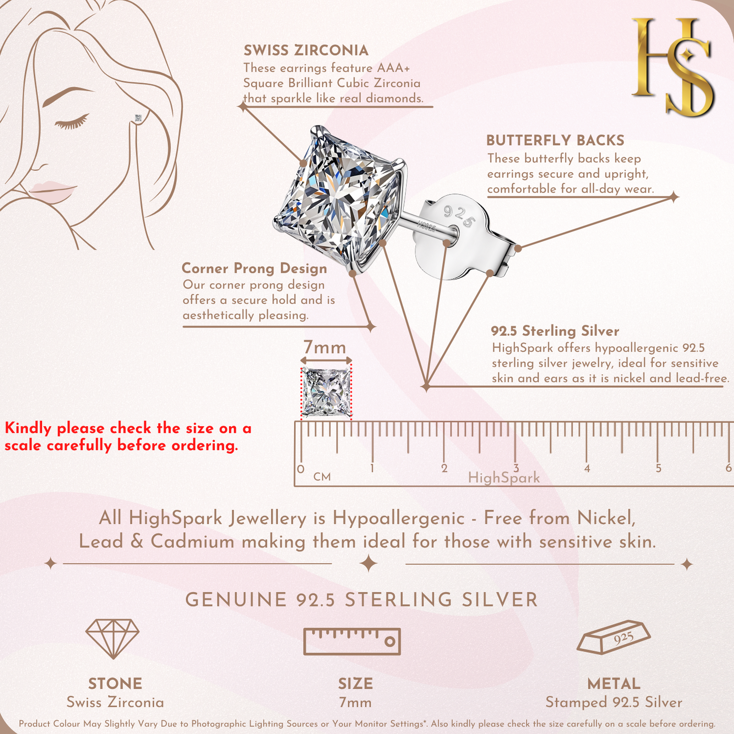 Solitaire Square Stud Earrings in 92.5 Silver - Princess Cut - Brilliant Swiss Zirconia