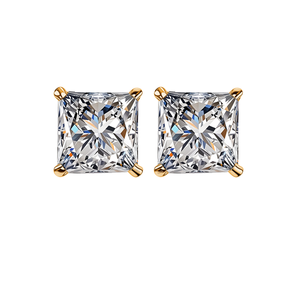 A pair of stud earrings with princess-cut American diamonds in a four-prong setting with a gold-plated finish on a white background.