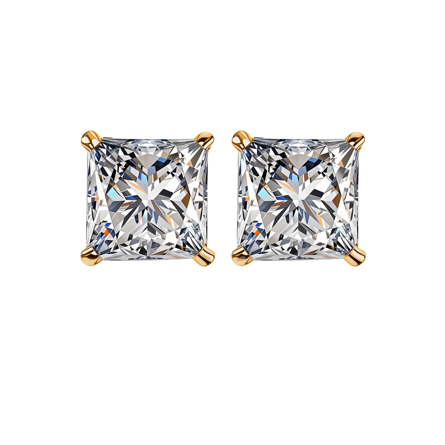 Solitaire Gold Square Stud Earrings in 92.5 Silver - Princess Cut - Brilliant Swiss Zirconia - 18k gold Finish