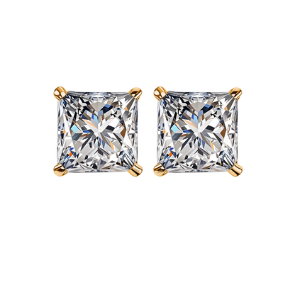 Solitaire Gold Square Stud Earrings in 92.5 Silver - Princess Cut - Brilliant Swiss Zirconia - 18k gold Finish