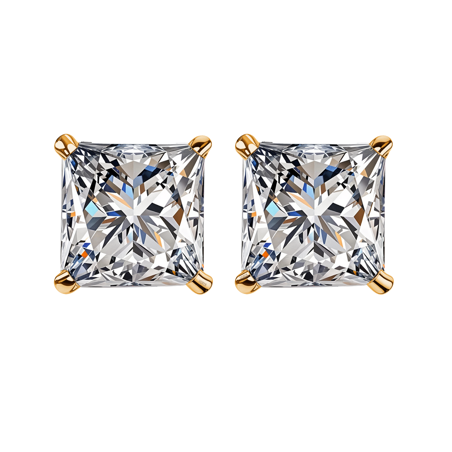 A pair of stud earrings with princess-cut American diamonds in a four-prong, gold-plated sterling silver setting on a white background.