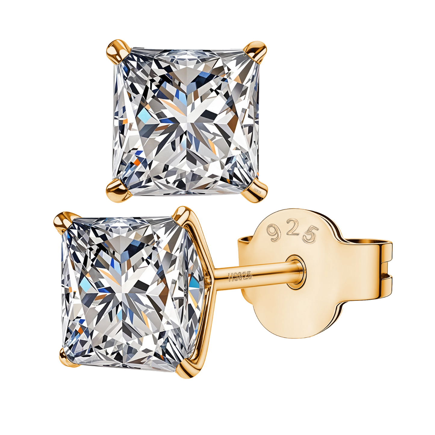 Solitaire Gold Square Stud Earrings in 92.5 Silver - Princess Cut - Brilliant Swiss Zirconia - 18k gold Finish