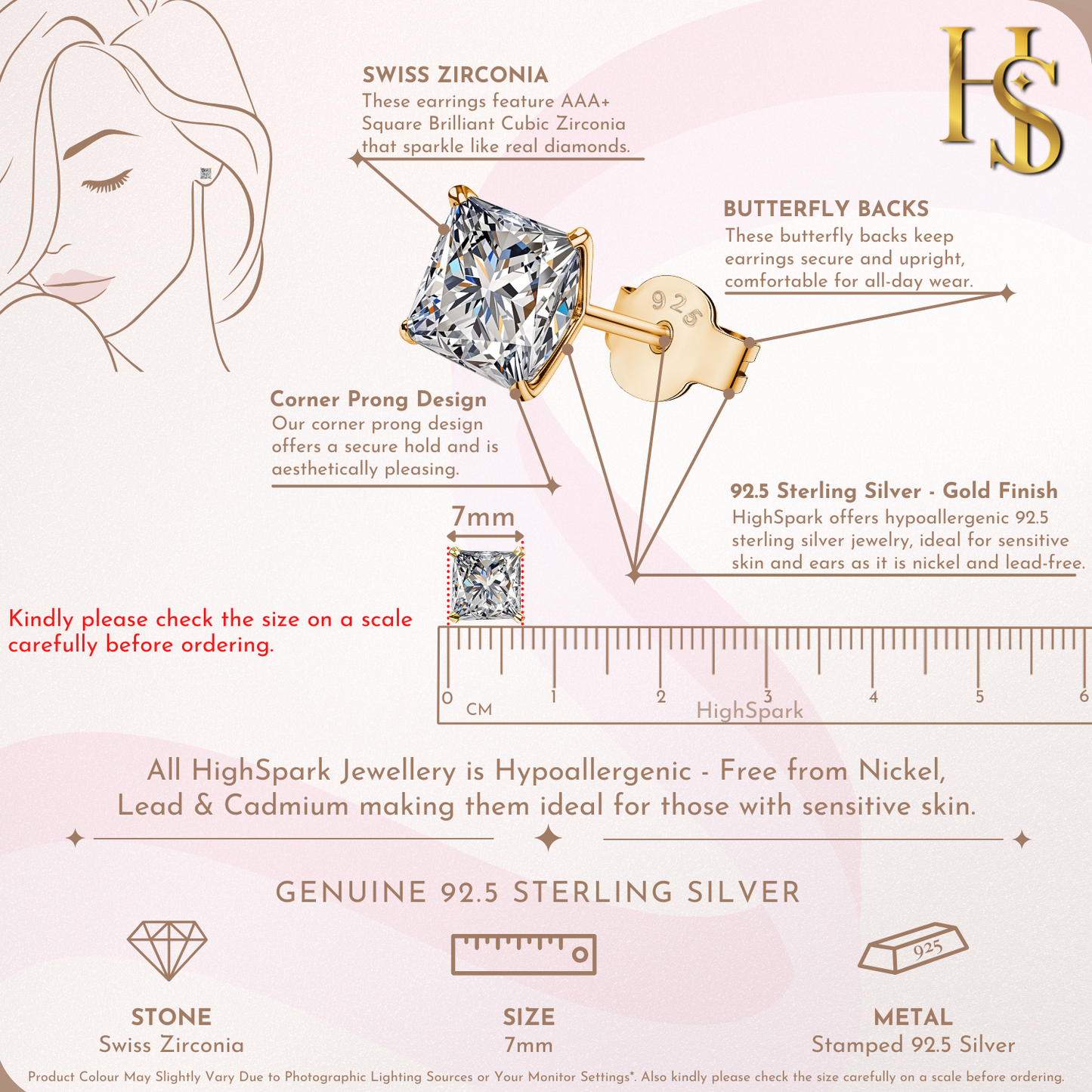 Solitaire Gold Square Stud Earrings in 92.5 Silver - Princess Cut - Brilliant Swiss Zirconia - 18k gold Finish