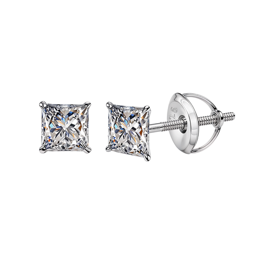 Solitaire Square Screwback Stud Earrings in 92.5 Silver - Princess Cut - Brilliant Swiss Zirconia