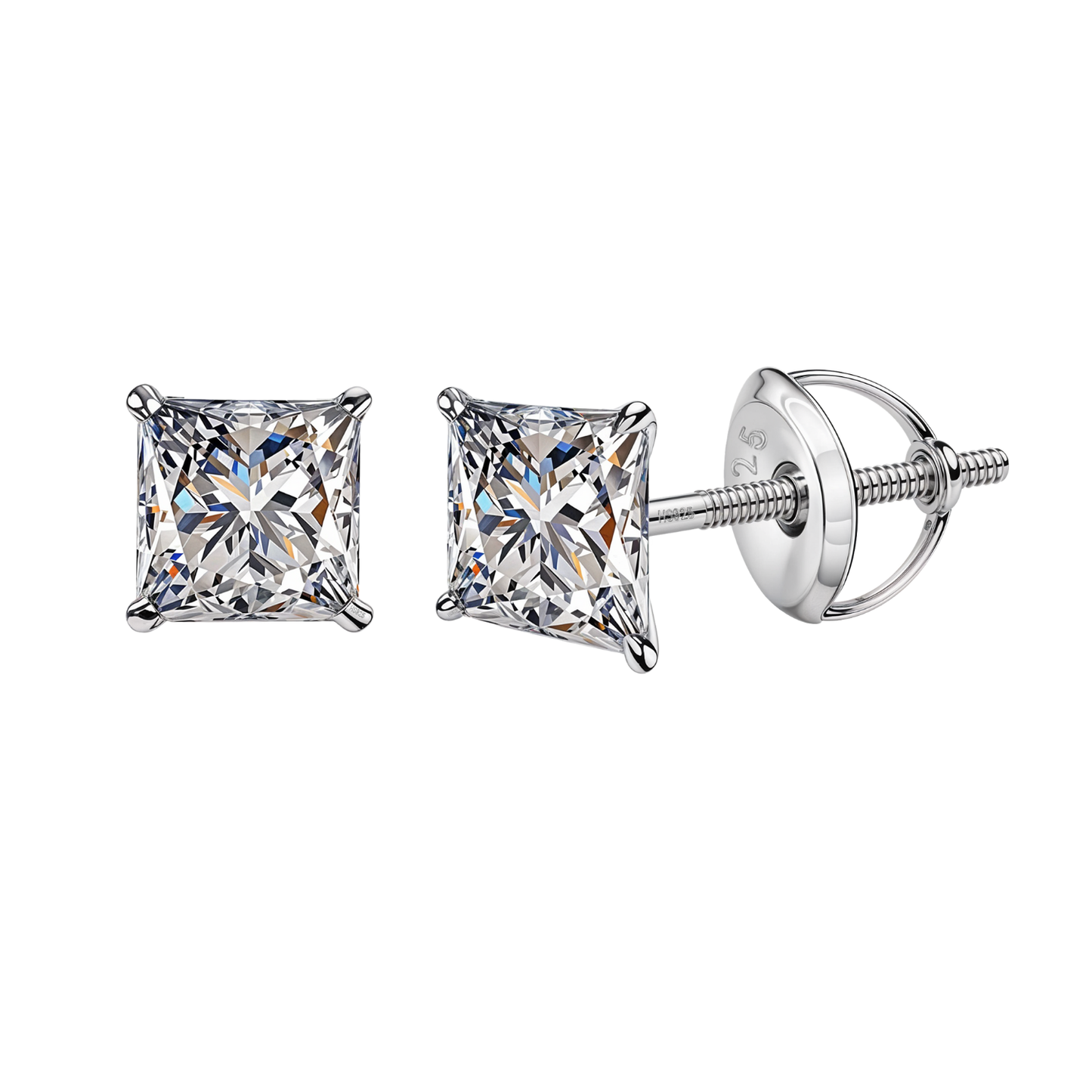 Solitaire Square Screwback Stud Earrings in 92.5 Silver - Princess Cut - Brilliant Swiss Zirconia