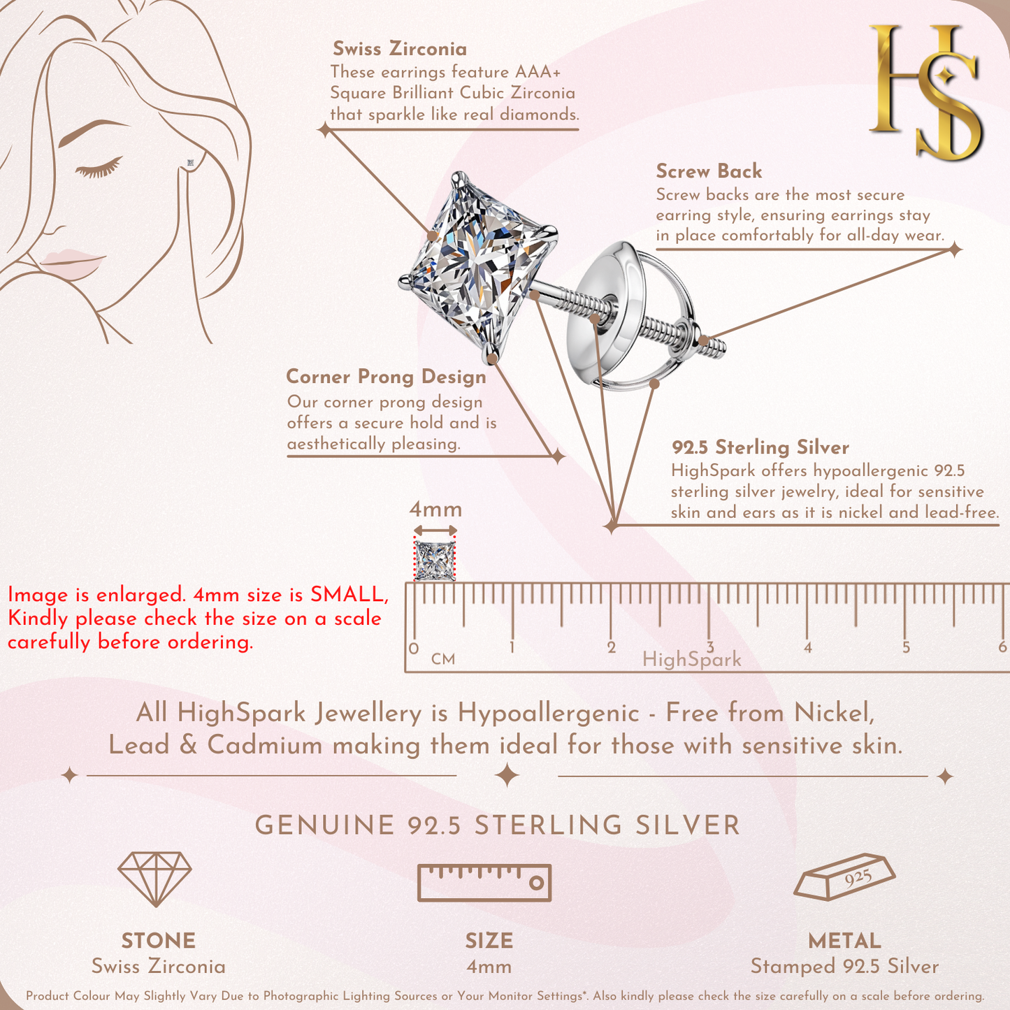 Solitaire Square Screwback Stud Earrings in 92.5 Silver - Princess Cut - Brilliant Swiss Zirconia