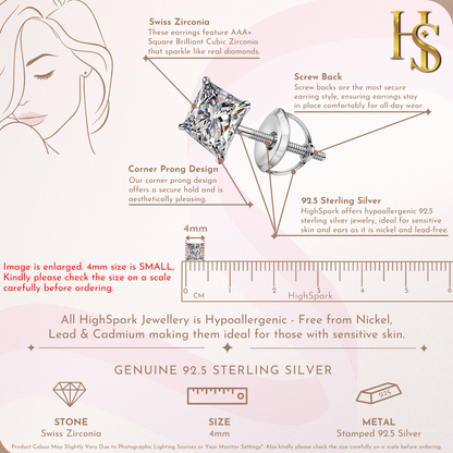 Solitaire Square Screwback Stud Earrings in 92.5 Silver - Princess Cut - Brilliant Swiss Zirconia