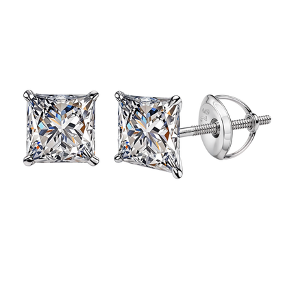 Solitaire Square Screwback Stud Earrings in 92.5 Silver - Princess Cut - Brilliant Swiss Zirconia