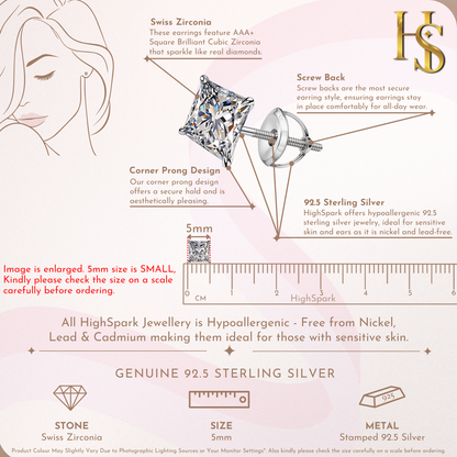 Solitaire Square Screwback Stud Earrings in 92.5 Silver - Princess Cut - Brilliant Swiss Zirconia