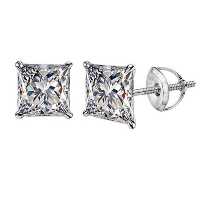 Solitaire Square Screwback Stud Earrings in 92.5 Silver - Princess Cut - Brilliant Swiss Zirconia