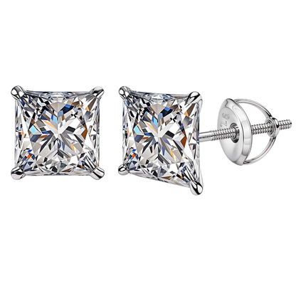 Solitaire Square Screwback Stud Earrings in 92.5 Silver - Princess Cut - Brilliant Swiss Zirconia