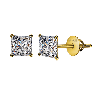 Pristine Princess Cut Solitaire Screwback Stud Earrings in 925 Silver -  18k gold Finish