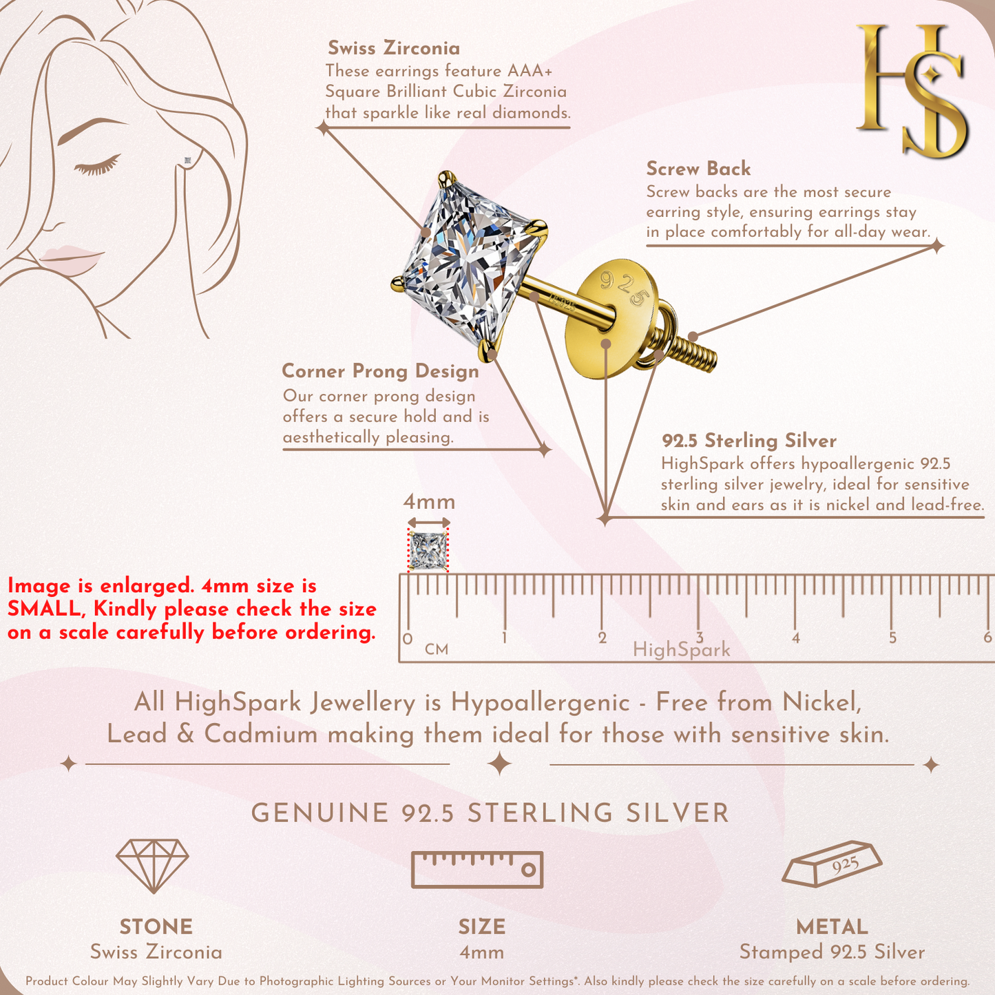 Pristine Princess Cut Solitaire Screwback Stud Earrings in 925 Silver -  18k gold Finish