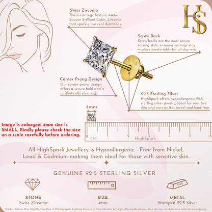 Pristine Princess Cut Solitaire Screwback Stud Earrings in 925 Silver -  18k gold Finish