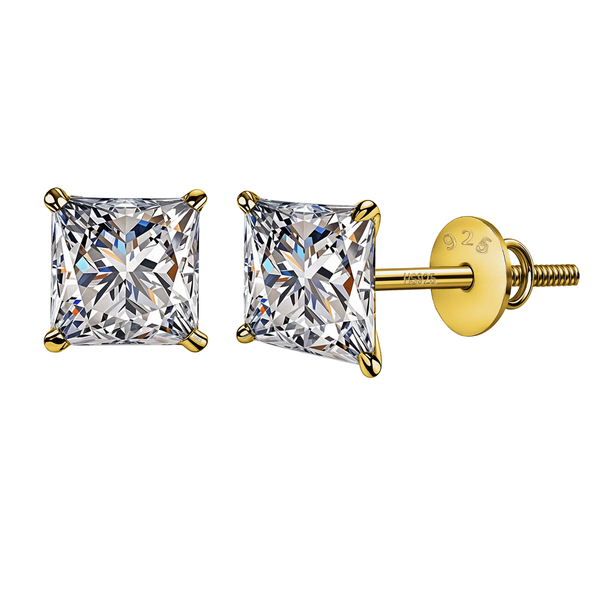 A pair of stud earrings with princess-cut American diamonds in a four-prong setting, made from gold-plated sterling silver with screw backs.