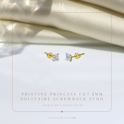 Pristine Princess Cut Solitaire Screwback Stud Earrings in 925 Silver -  18k gold Finish