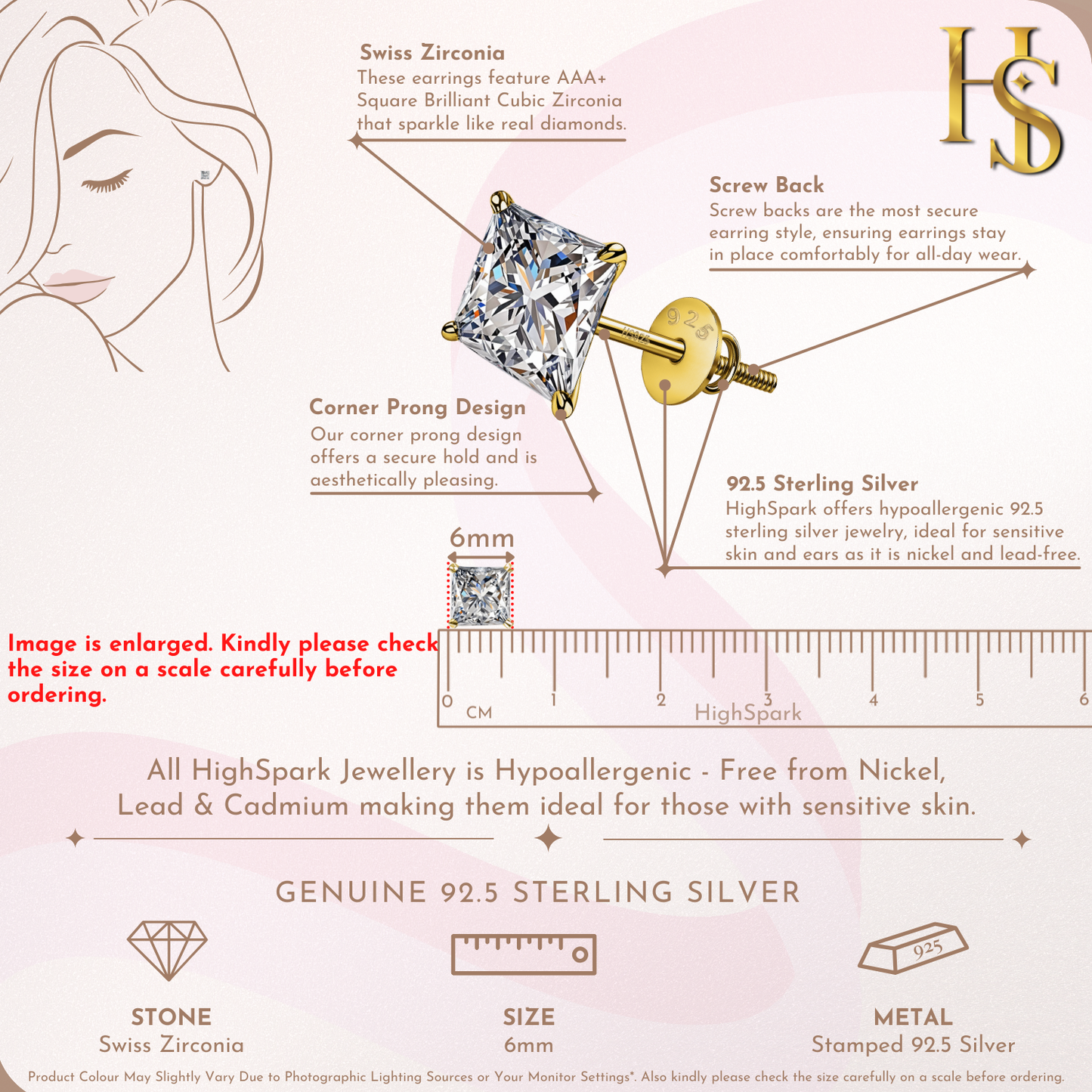Pristine Princess Cut Solitaire Screwback Stud Earrings in 925 Silver -  18k gold Finish