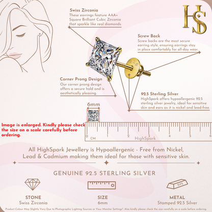 Pristine Princess Cut Solitaire Screwback Stud Earrings in 925 Silver -  18k gold Finish