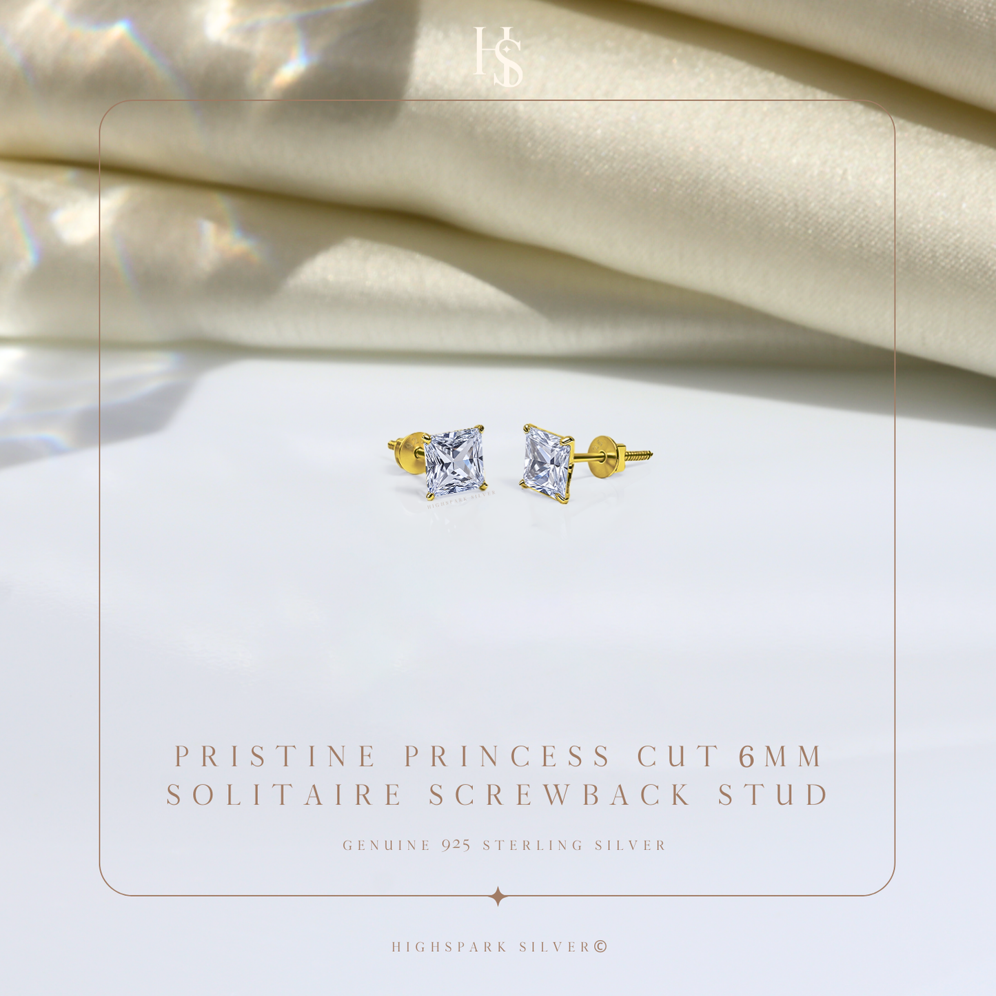 Pristine Princess Cut Solitaire Screwback Stud Earrings in 925 Silver -  18k gold Finish