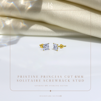 Pristine Princess Cut Solitaire Screwback Stud Earrings in 925 Silver -  18k gold Finish