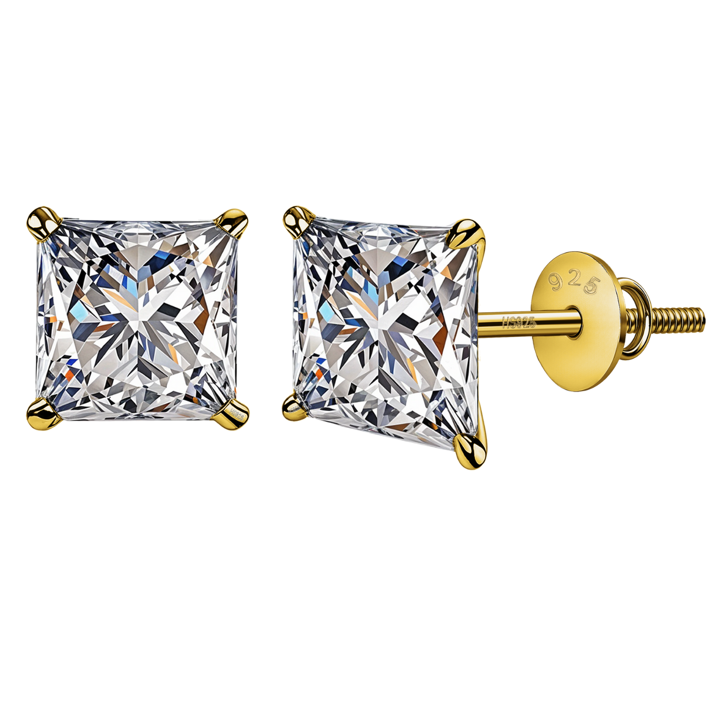 Pristine Princess Cut Solitaire Screwback Stud Earrings in 925 Silver -  18k gold Finish