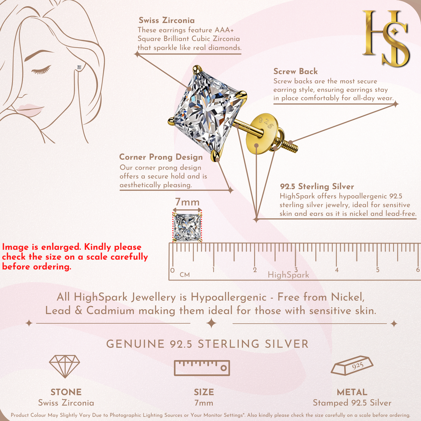 Pristine Princess Cut Solitaire Screwback Stud Earrings in 925 Silver -  18k gold Finish