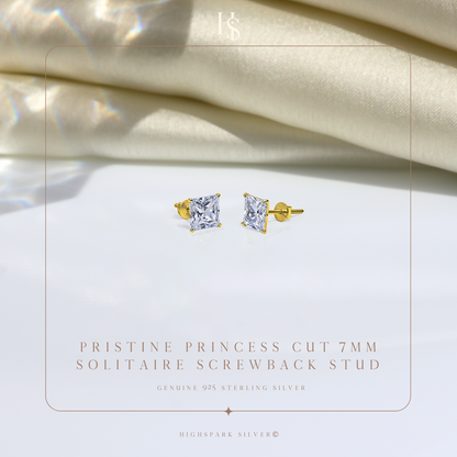 Pristine Princess Cut Solitaire Screwback Stud Earrings in 925 Silver -  18k gold Finish