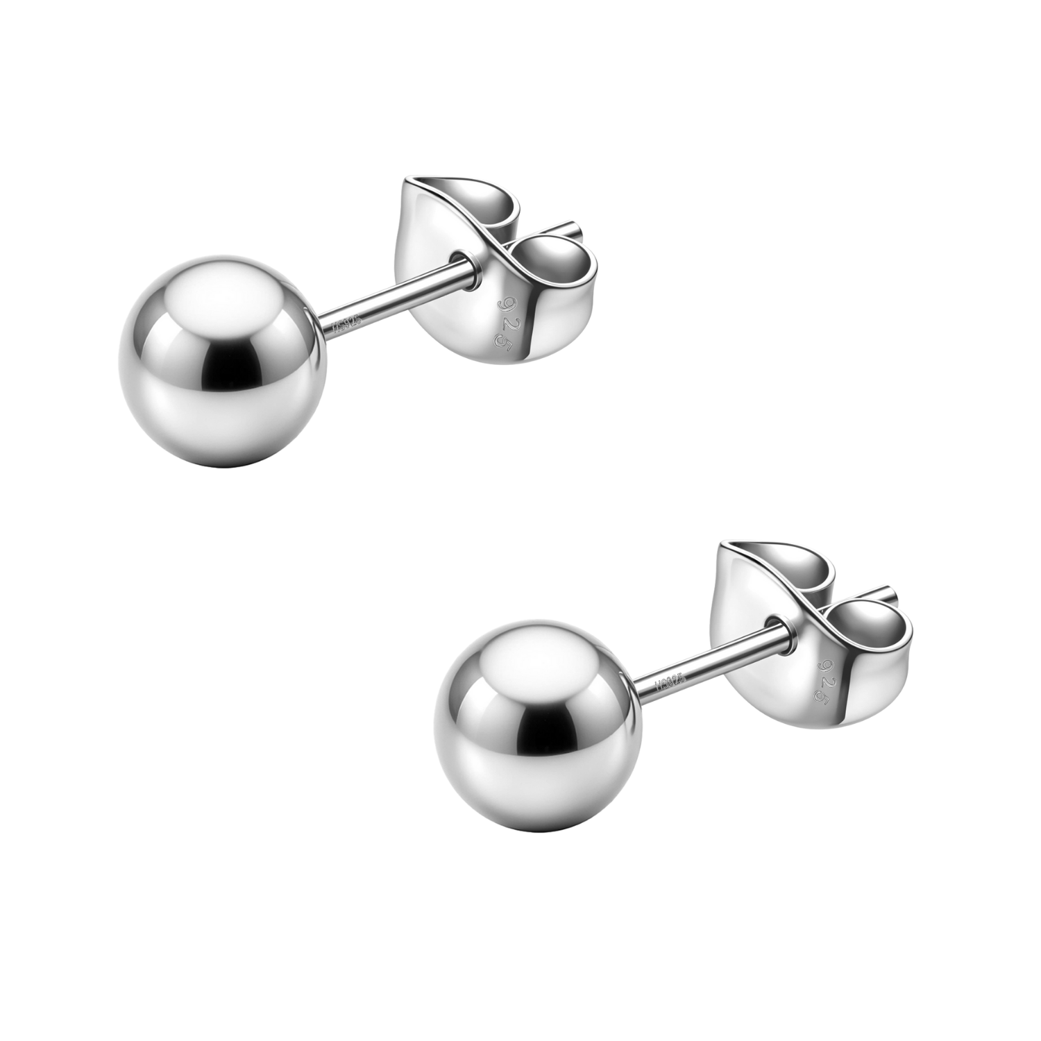 A pair of ball stud earrings with a highly polished finish, made from sterling silver with butterfly backs, on a white background.
