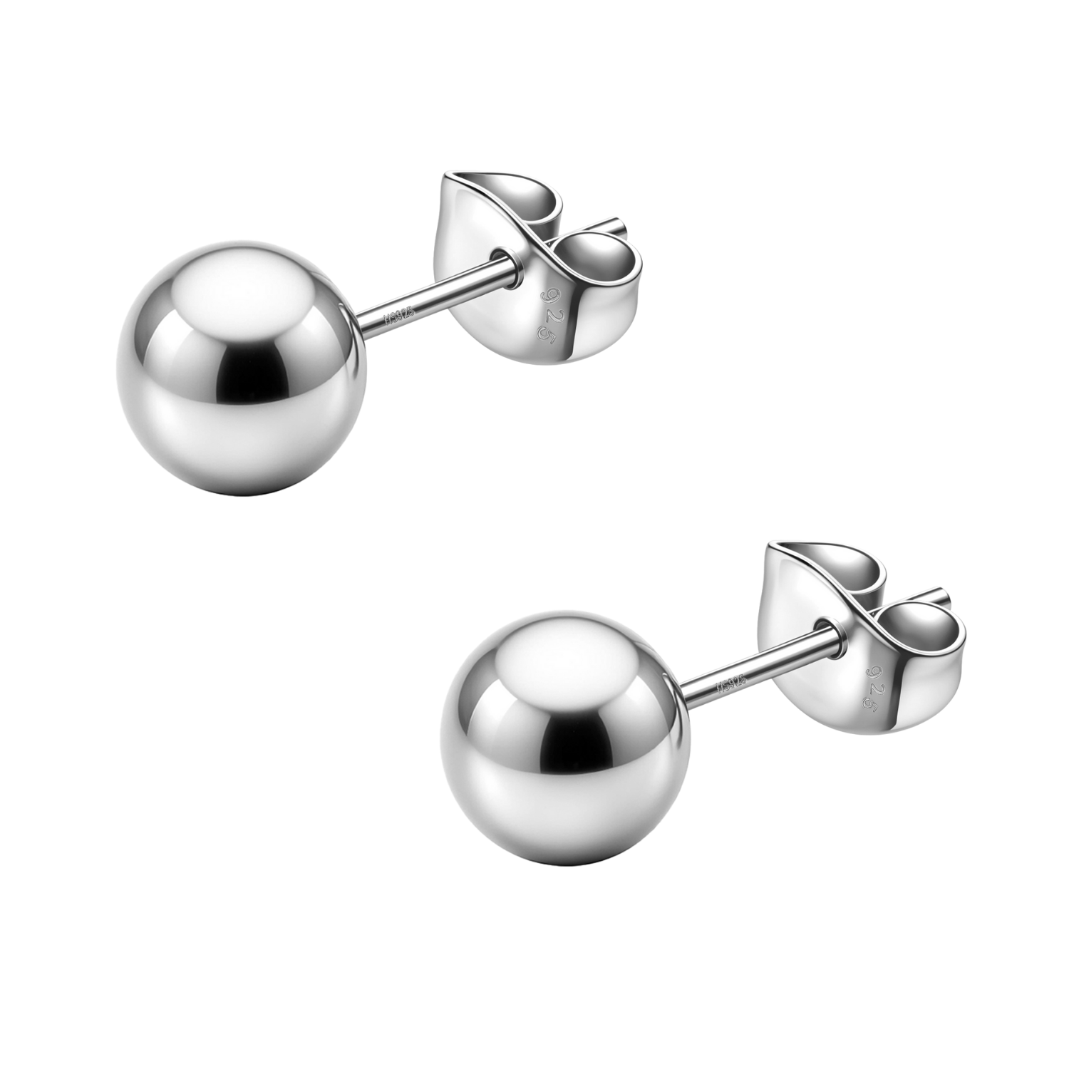 A pair of classic ball stud earrings in polished sterling silver with butterfly push-back closures, shown on a plain white background.