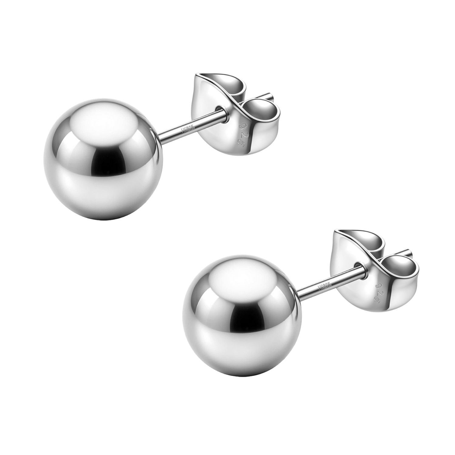 A pair of classic ball stud earrings in polished sterling silver with push-back closures, shown on a plain white background.