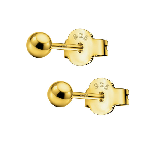 A pair of gold-plated sterling silver stud earrings with a simple ball shape and butterfly backs, shown on a white background.
