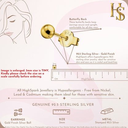 Gold Ball Earrings in Pure 92.5 Sterling Silver - Simple and elegant earrings in 18K Gold finish