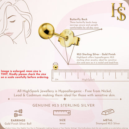 Gold Ball Earrings in Pure 92.5 Sterling Silver - Simple and elegant earrings in 18K Gold finish