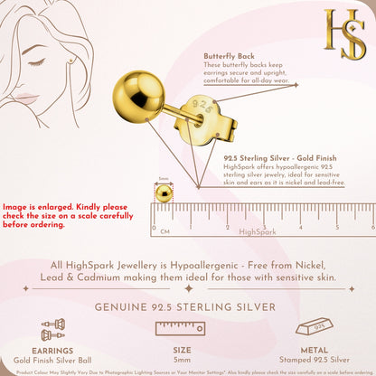 Gold Ball Earrings in Pure 92.5 Sterling Silver - Simple and elegant earrings in 18K Gold finish