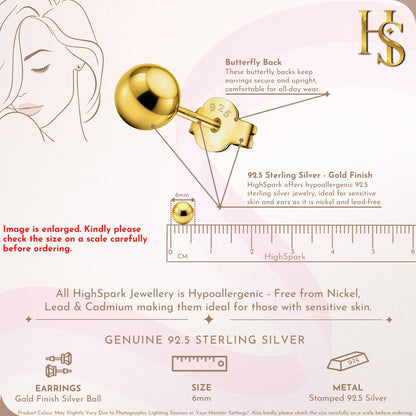 Gold Ball Earrings in Pure 92.5 Sterling Silver - Simple and elegant earrings in 18K Gold finish