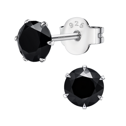 Solitaire Black Round Stud Earrings - 92.5 Silver - Black Brilliant Zirconia Tops