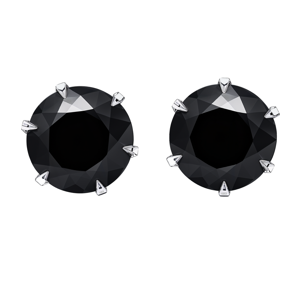 A pair of solitaire stud earrings with round-cut black stones in a six-prong sterling silver setting on a white background.