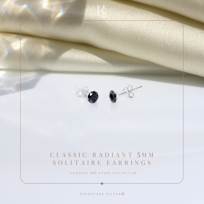 Solitaire Black Round Stud Earrings - 92.5 Silver - Black Brilliant Zirconia Tops