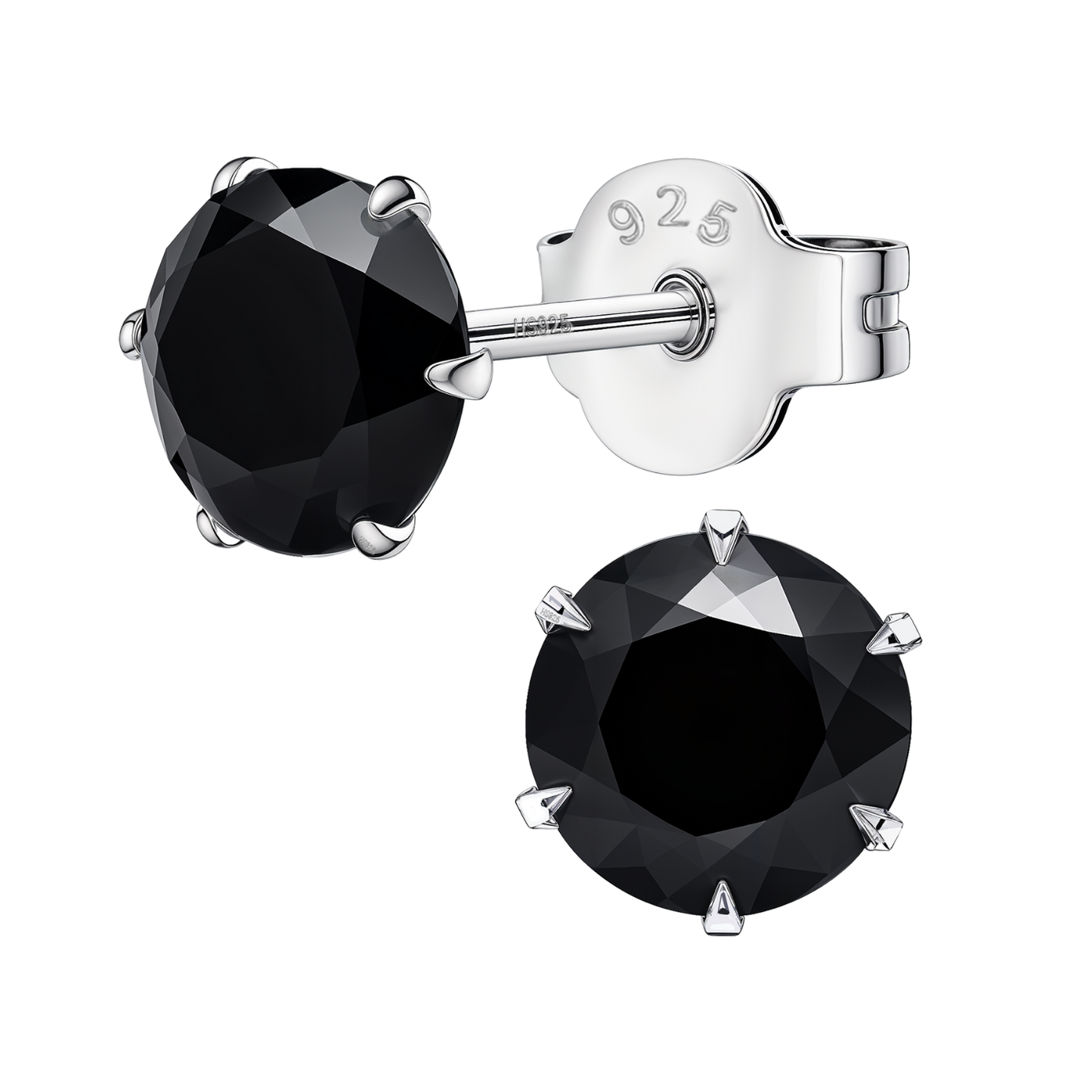 Solitaire Black Round Stud Earrings - 92.5 Silver - Black Brilliant Zirconia Tops