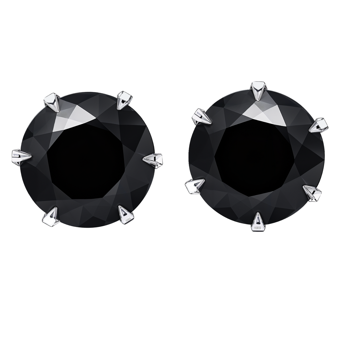 A pair of solitaire stud earrings with round, faceted black stones in a six-prong sterling silver setting on a white background.