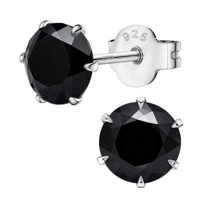 Solitaire Black Round Stud Earrings - 92.5 Silver - Black Brilliant Zirconia Tops