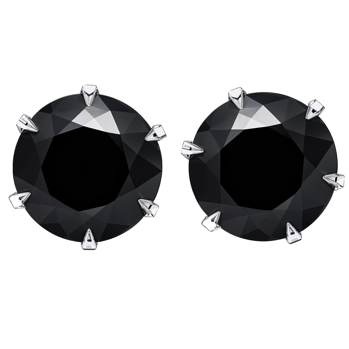 A pair of solitaire stud earrings with round-cut black stones in a six-prong sterling silver setting, shown on a white background.