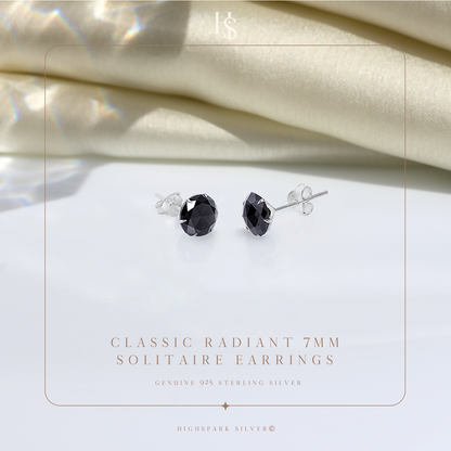 Solitaire Black Round Stud Earrings - 92.5 Silver - Black Brilliant Zirconia Tops