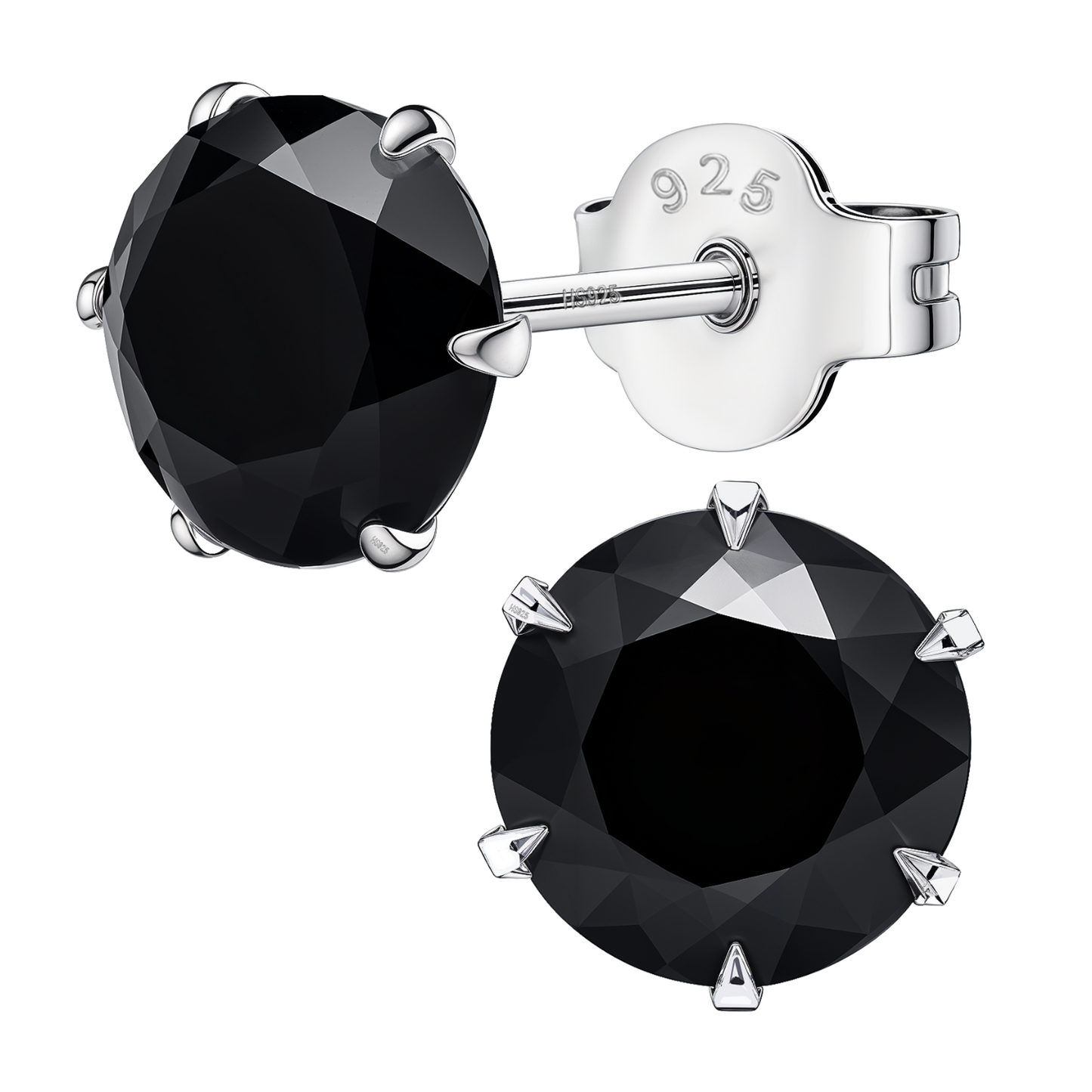 Solitaire Black Round Stud Earrings - 92.5 Silver - Black Brilliant Zirconia Tops