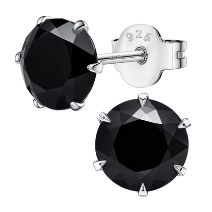 Solitaire Black Round Stud Earrings - 92.5 Silver - Black Brilliant Zirconia Tops