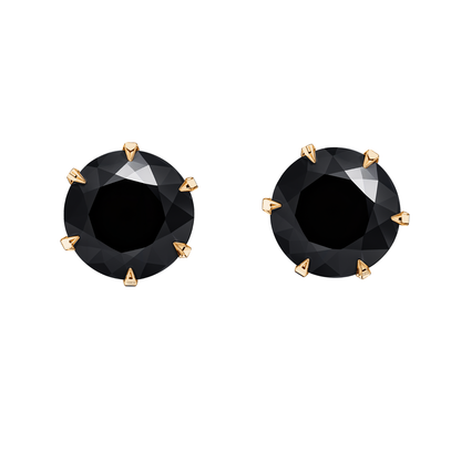 Gold Solitaire Black Round Stud Earrings - 92.5 Silver - Black Brilliant Zirconia Tops - 18k Gold Finish